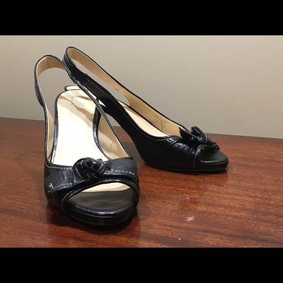 Designer Black Peep Toed Sling Back Heels Size 11 - Picture 2 of 5